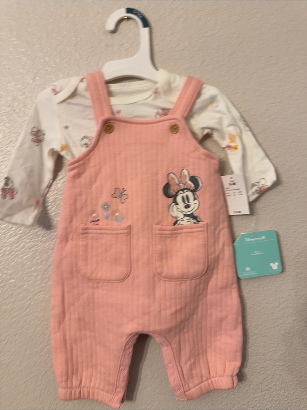 Disney Pink Minnie Mouse Ribbed Overalls with Pocket Details
